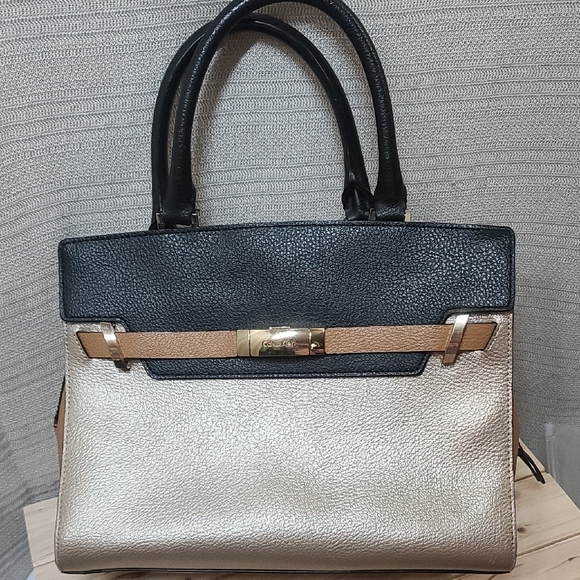Calvin Klein Handbags - Calvin Klein Black & Golden Tan Satchel w Structured Gold Buckle Accents EUC